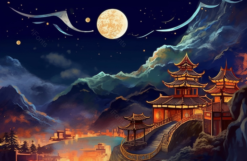 满月蓝色星空夜晚山川古代建筑河边城市国风写意插画,插画/手绘图,插画/手绘图库,插画/手绘图下载,插画/手绘